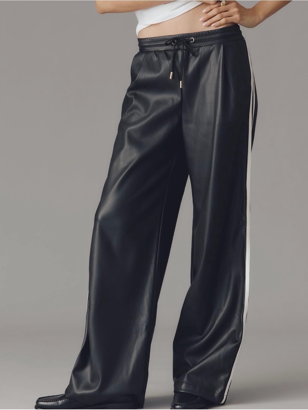 Anthropologie Black Wide-Leg Faux Leather Pants w/ White Side Stripe Track Pants
